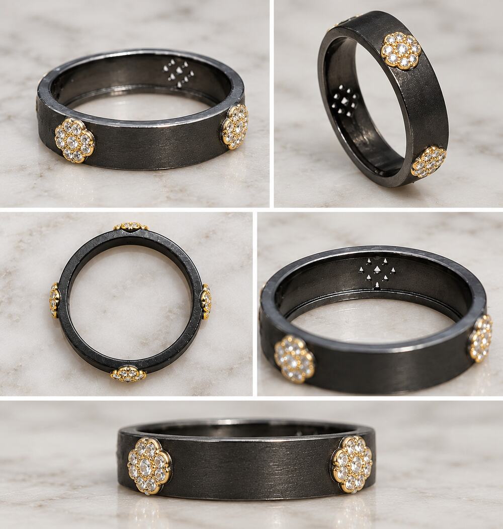 NWT Freida Rothman Black Rhodium Gold Tone Pavé Station CZ Ring Size 10
